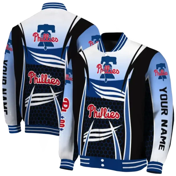 custom philadelphia phillies mesh effect blue black varsity jacket fashion forward
