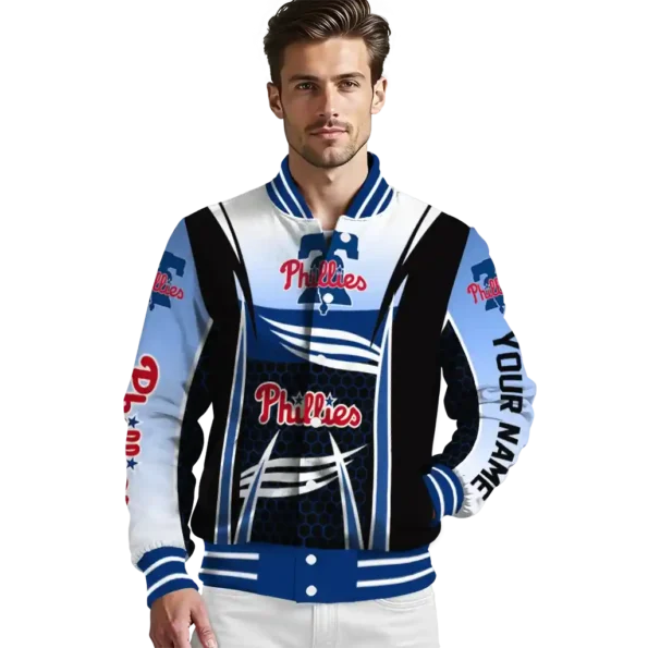 custom philadelphia phillies mesh effect blue black varsity jacket high quality