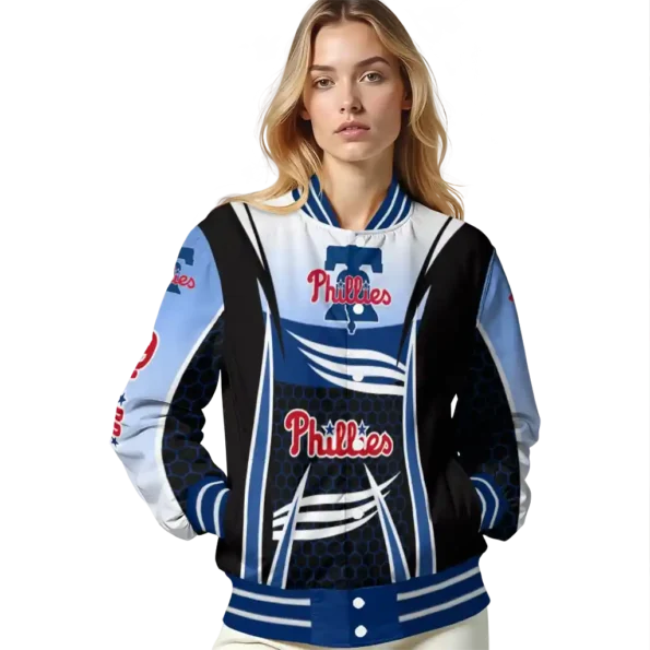 custom philadelphia phillies mesh effect blue black varsity jacket latest model