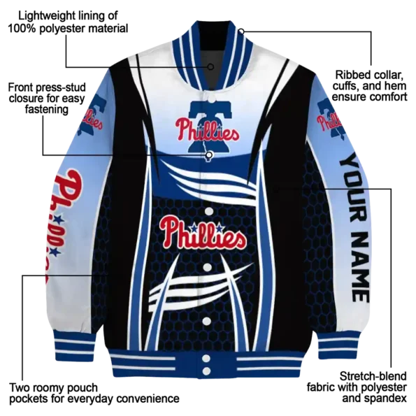 custom philadelphia phillies mesh effect blue black varsity jacket new arrival