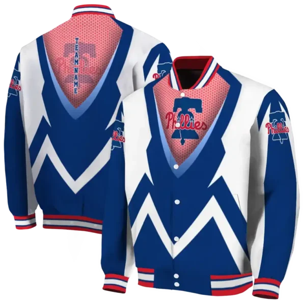 custom philadelphia phillies v stripes blue white varsity jacket fashion forward