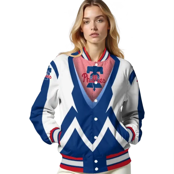 custom philadelphia phillies v stripes blue white varsity jacket latest model