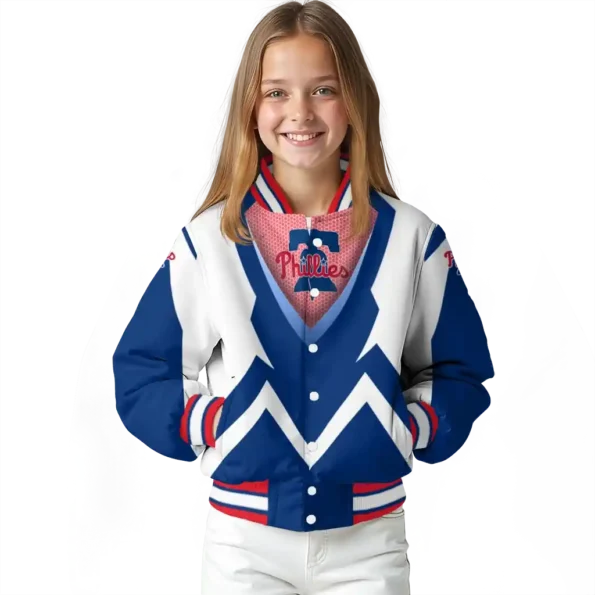 custom philadelphia phillies v stripes blue white varsity jacket top rated