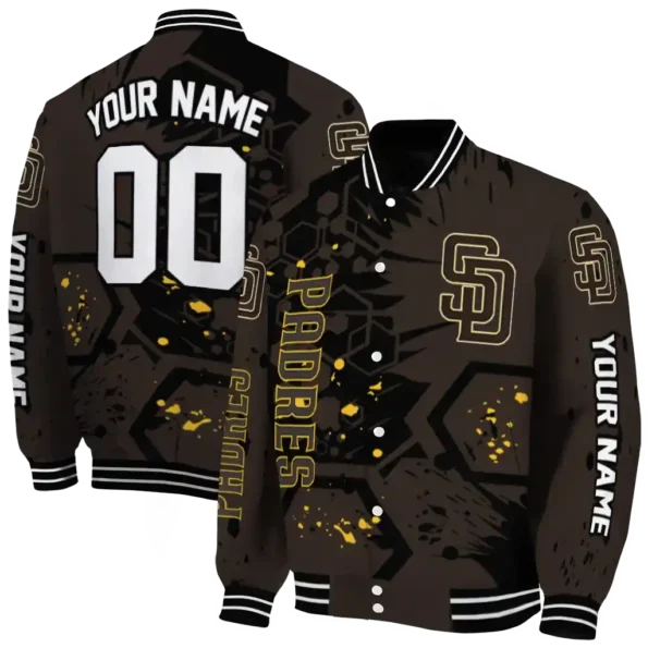 custom san diego padres hexagon cluster brown black varsity jacket fashion forward