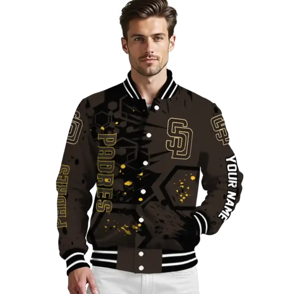 custom san diego padres hexagon cluster brown black varsity jacket high quality