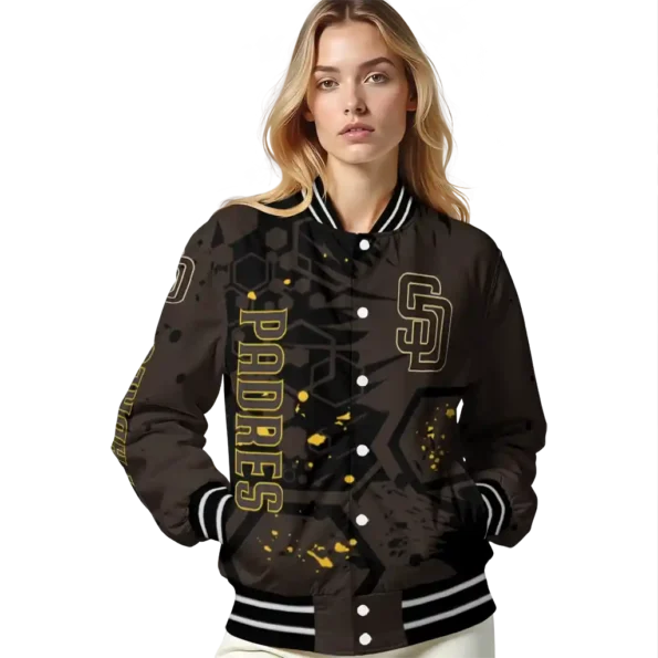 custom san diego padres hexagon cluster brown black varsity jacket latest model