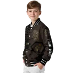 custom san diego padres hexagon cluster brown black varsity jacket best selling