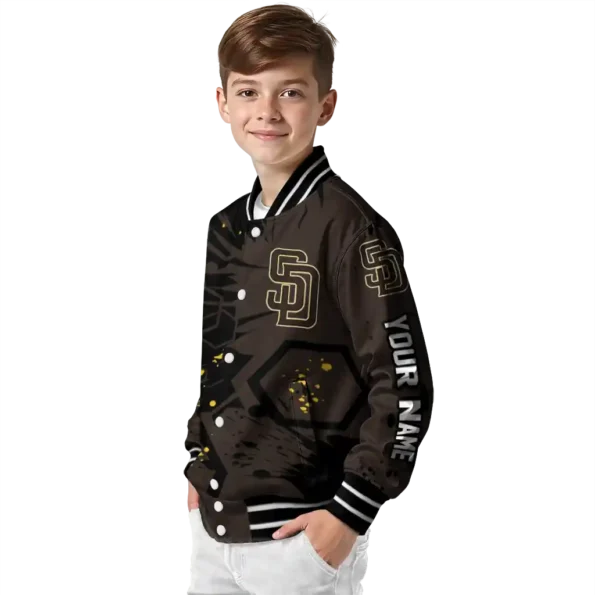 custom san diego padres hexagon cluster brown black varsity jacket trendy