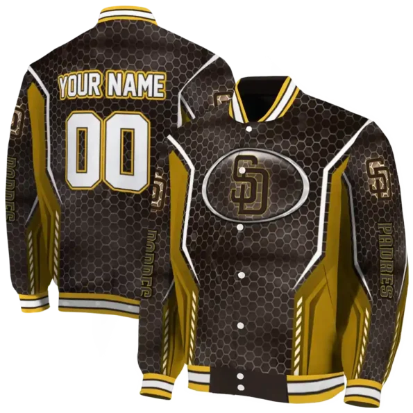 custom san diego padres power plate brown varsity jacket fashion forward