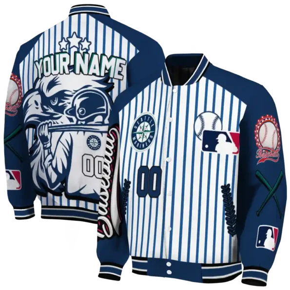 custom seattle mariners eagle baseball navy blue white varsity jacket fashion forward