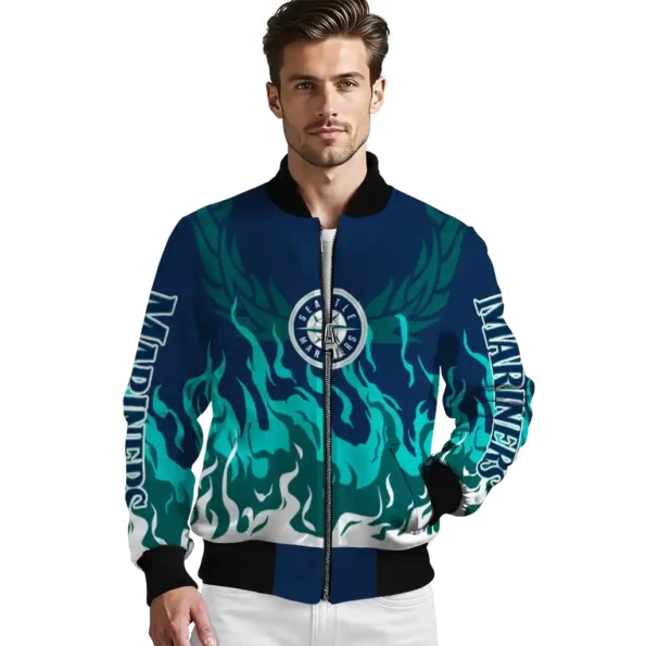 custom seattle mariners winged blaze navy blue white bomber jacket high quality