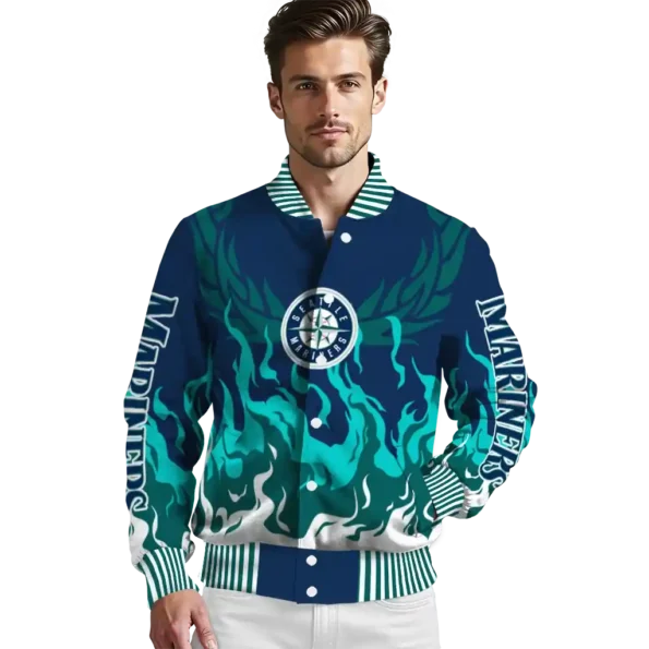 custom seattle mariners winged blaze navy blue white varsity jacket high quality