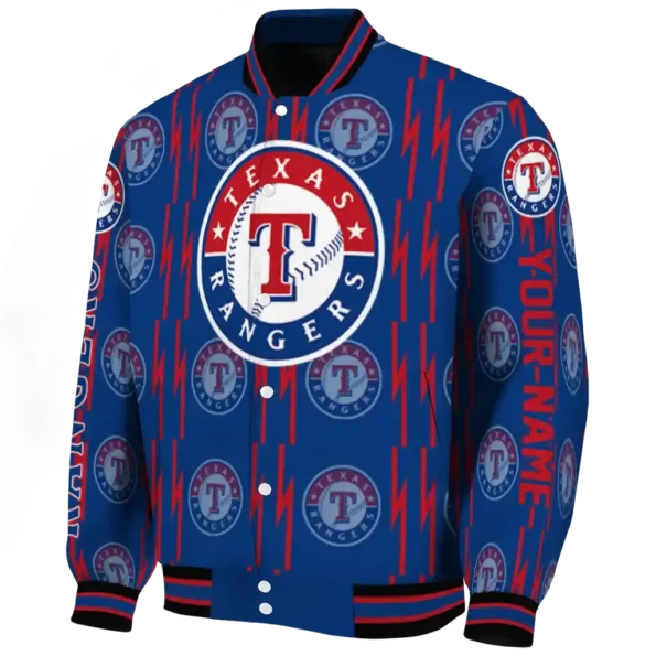 custom texas rangers bolt stripe blue varsity jacket best selling