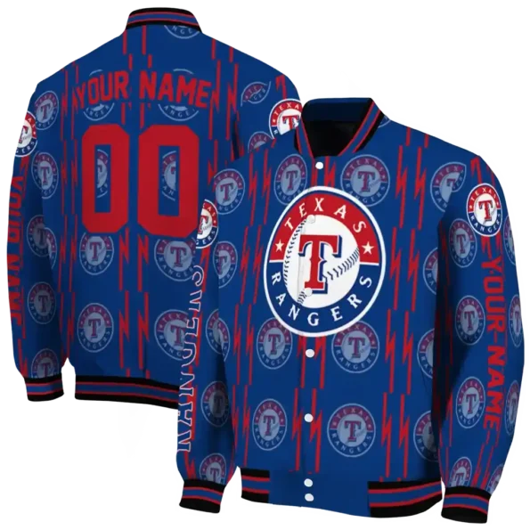 custom texas rangers bolt stripe blue varsity jacket fashion forward
