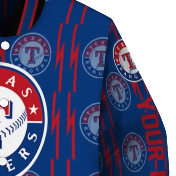 custom texas rangers bolt stripe blue varsity jacket premium grade
