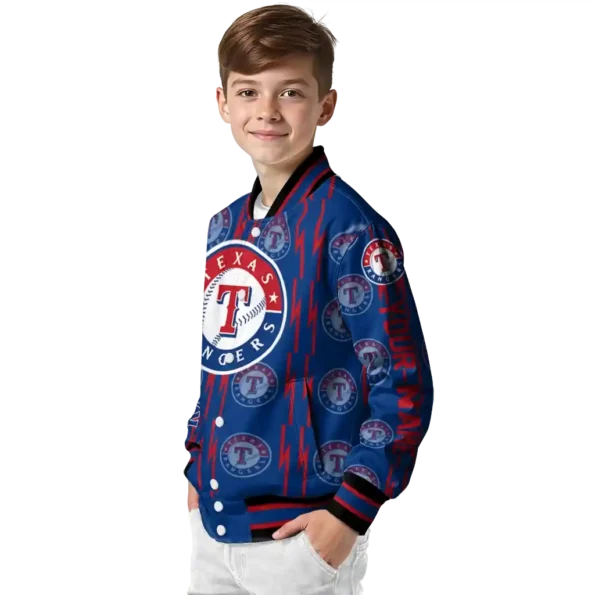 custom texas rangers bolt stripe blue varsity jacket trendy