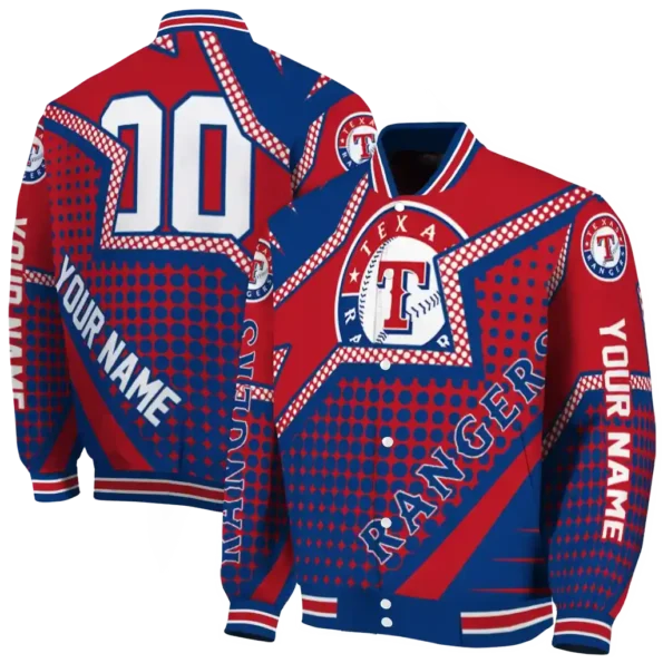 custom texas rangers star burst blue varsity jacket fashion forward