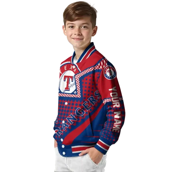 custom texas rangers star burst blue varsity jacket trendy