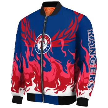 custom texas rangers winged blaze blue white bomber jacket best selling