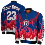 custom texas rangers winged blaze blue white bomber jacket best selling