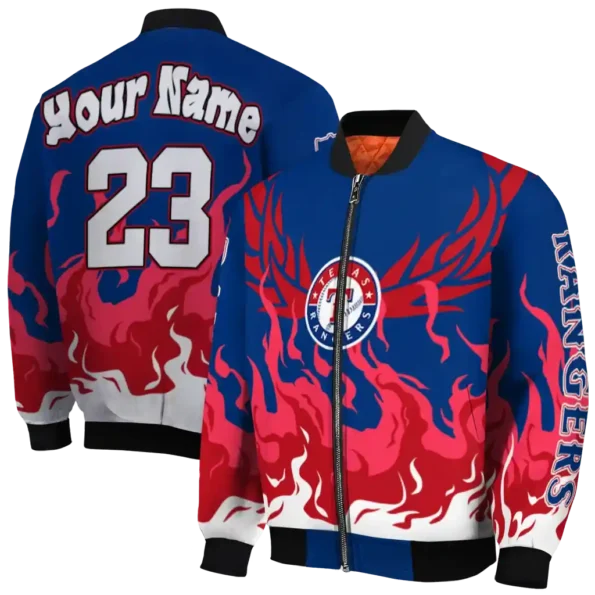 custom texas rangers winged blaze blue white bomber jacket fashion forward