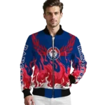 custom texas rangers winged blaze blue white bomber jacket best selling