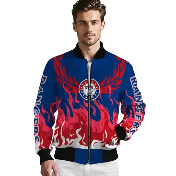 custom texas rangers winged blaze blue white bomber jacket high quality