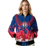 custom texas rangers winged blaze blue white bomber jacket best selling