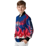 custom texas rangers winged blaze blue white bomber jacket best selling
