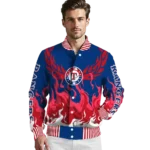 custom texas rangers winged blaze blue white varsity jacket best selling