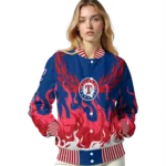 custom texas rangers winged blaze blue white varsity jacket best selling