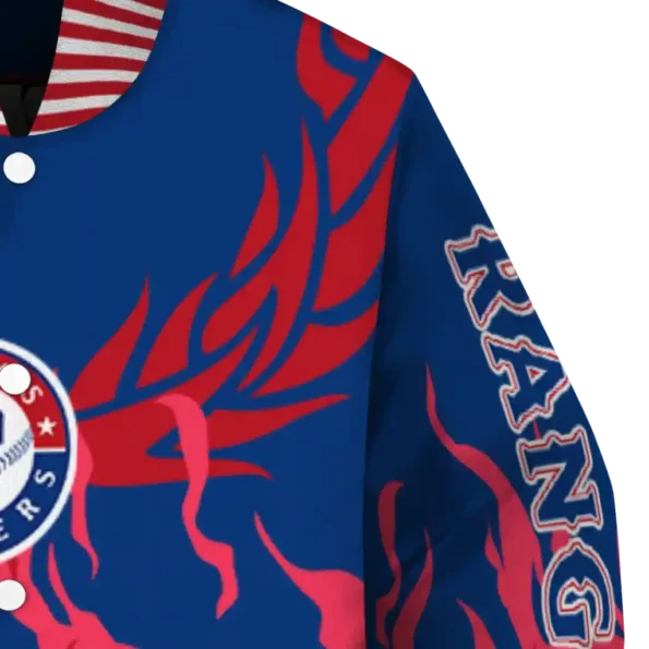 custom texas rangers winged blaze blue white varsity jacket premium grade