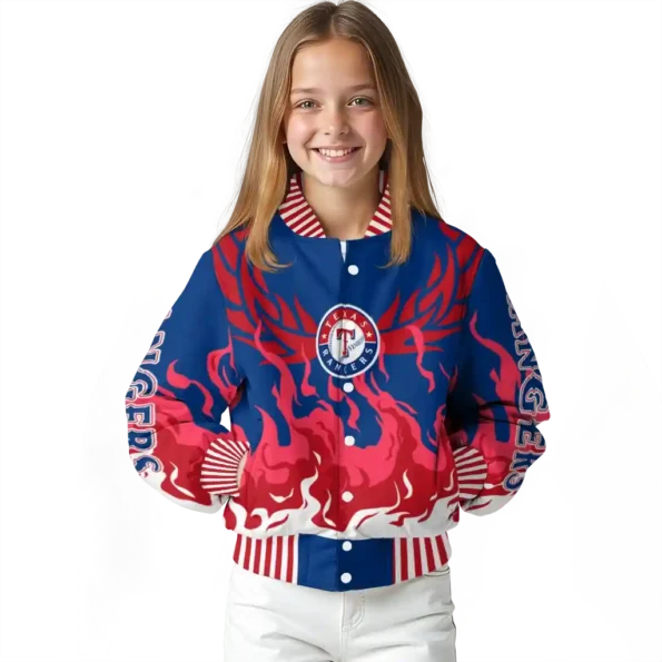 custom texas rangers winged blaze blue white varsity jacket top rated
