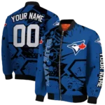custom toronto blue jays hexagon cluster blue black bomber jacket best selling