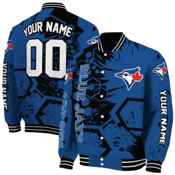 custom toronto blue jays hexagon cluster blue black varsity jacket fashion forward
