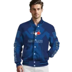 custom toronto blue jays spider mark blue white crocs varsity jacket best selling
