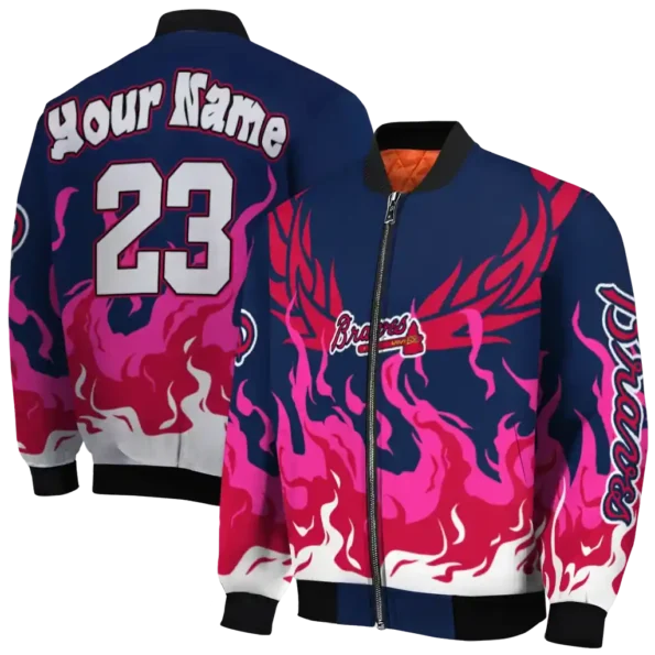 customized atlanta braves winged blaze navy white bomber jacket fashion forward