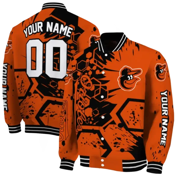 customized baltimore orioles hexagon cluster orange black varsity jacket fashion forward