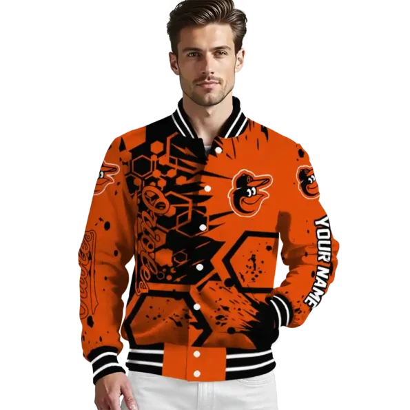 customized baltimore orioles hexagon cluster orange black varsity jacket high quality