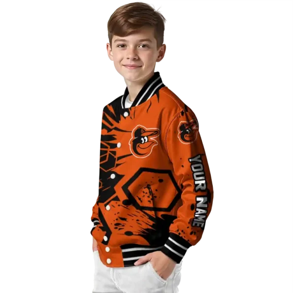 customized baltimore orioles hexagon cluster orange black varsity jacket trendy