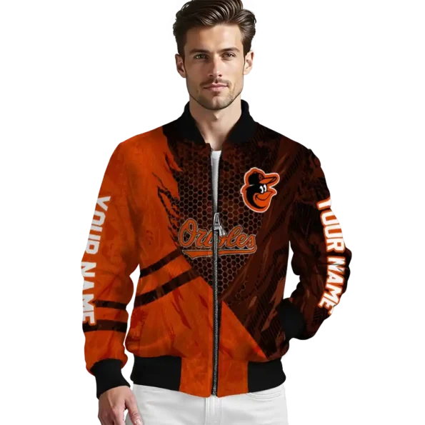 customized baltimore orioles hexagon mesh orange black bomber jacket high quality