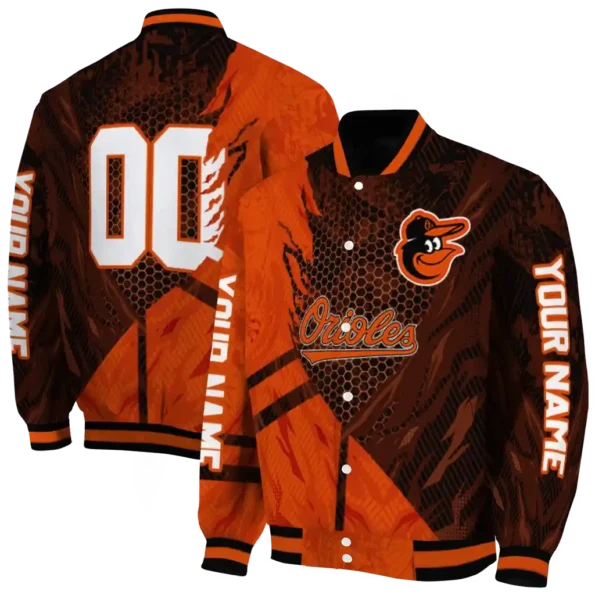 customized baltimore orioles hexagon mesh orange black varsity jacket fashion forward