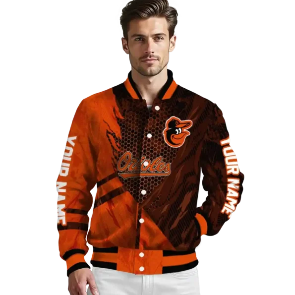 customized baltimore orioles hexagon mesh orange black varsity jacket high quality