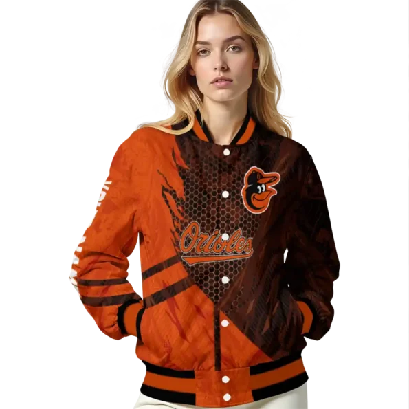 customized baltimore orioles hexagon mesh orange black varsity jacket latest model