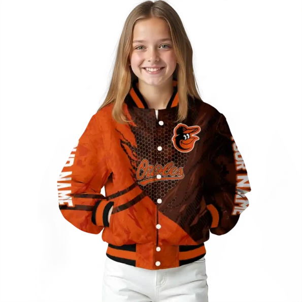 customized baltimore orioles hexagon mesh orange black varsity jacket top rated