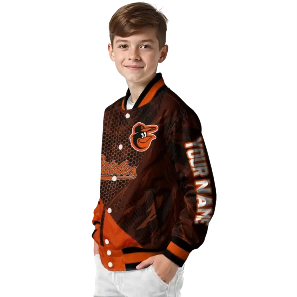 customized baltimore orioles hexagon mesh orange black varsity jacket trendy