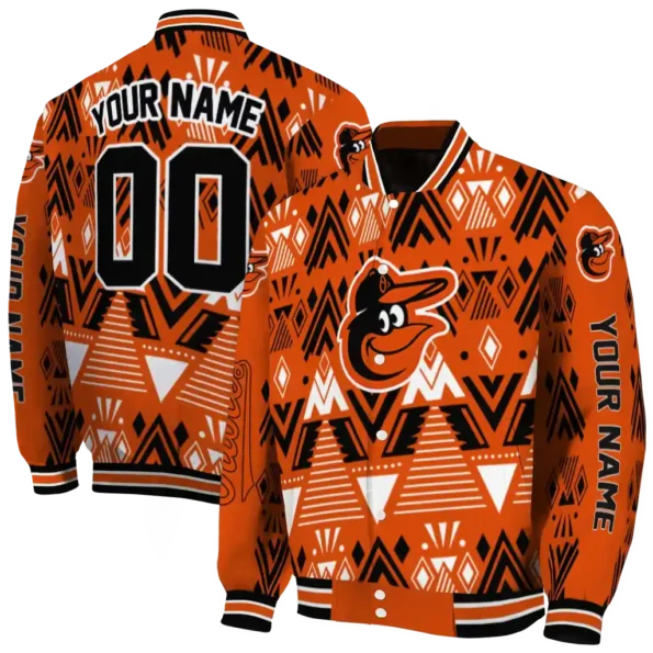 customized baltimore orioles pyramid shapes orange varsity jacket fashion forward