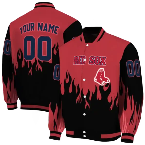 customized boston red sox flame border red black varsity jacket fashion forward