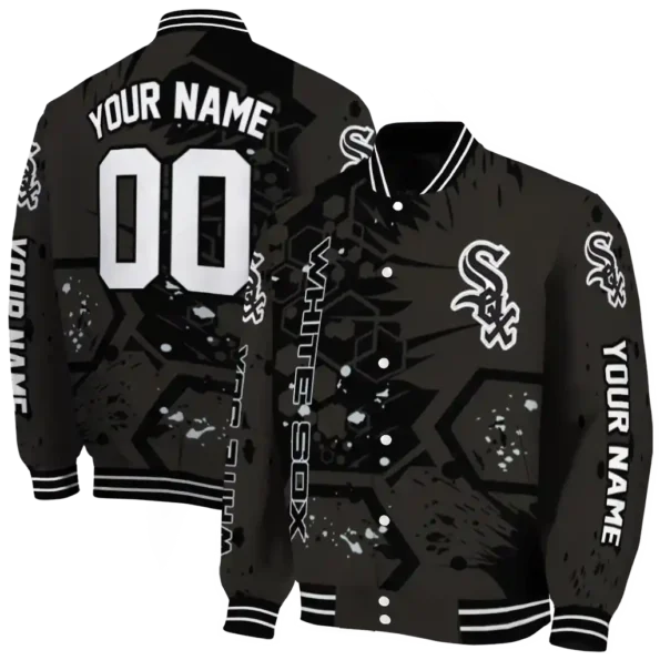 customized chicago white sox hexagon cluster black varsity jacket fashion forward