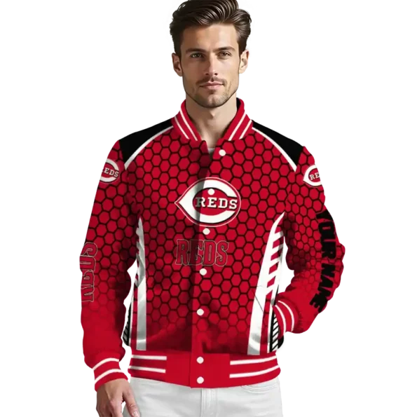 customized cincinnati reds hexagon grid red varsity jacket high quality